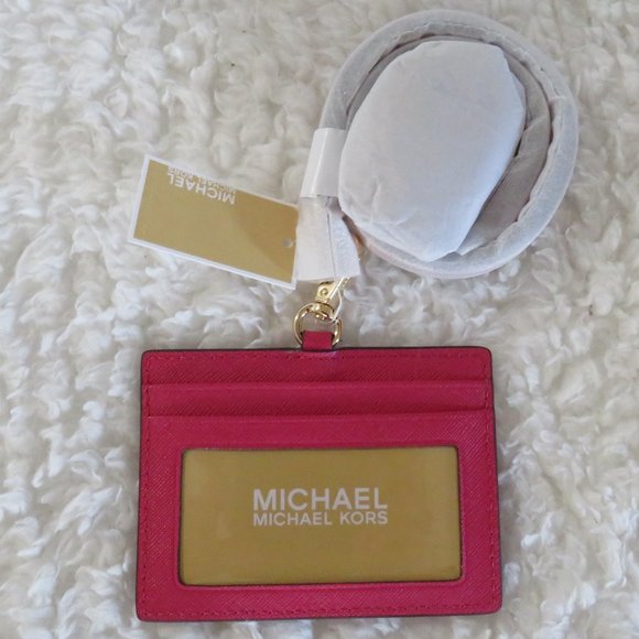 Michael Kors Jet Set Leather Card Case ID Lanyard (Carmine Pink) - Picture 2 of 3